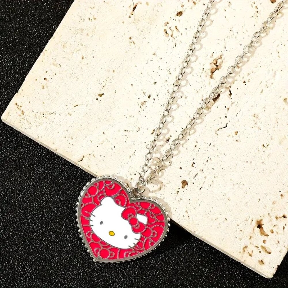 Sanrio Hello Kitty Heart Enamel Necklace Pendant Silver Tone Goth Emo Scene